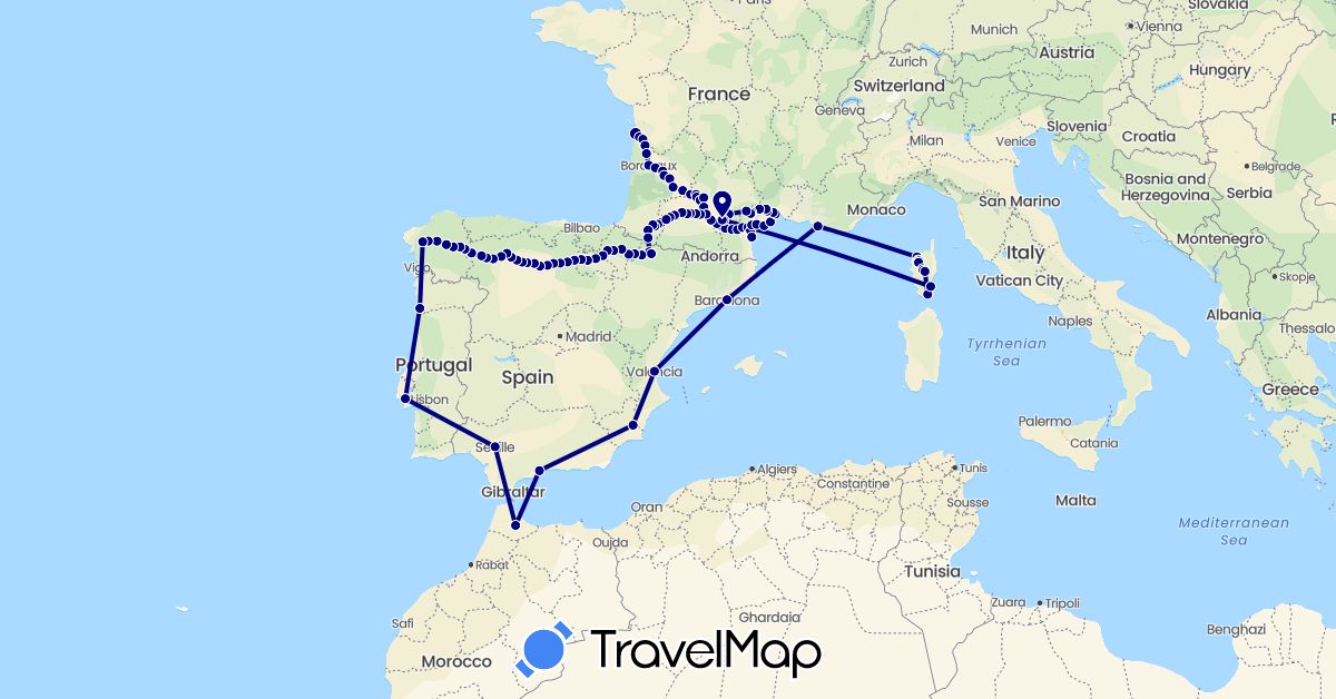 TravelMap itinerary: driving in Spain, France, Morocco, Portugal (Africa, Europe)
